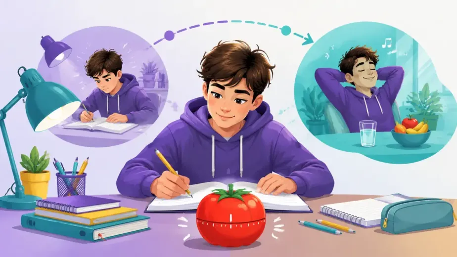 Učenik uči Pomodoro metodom uz mjerač vremena i planirane pauze