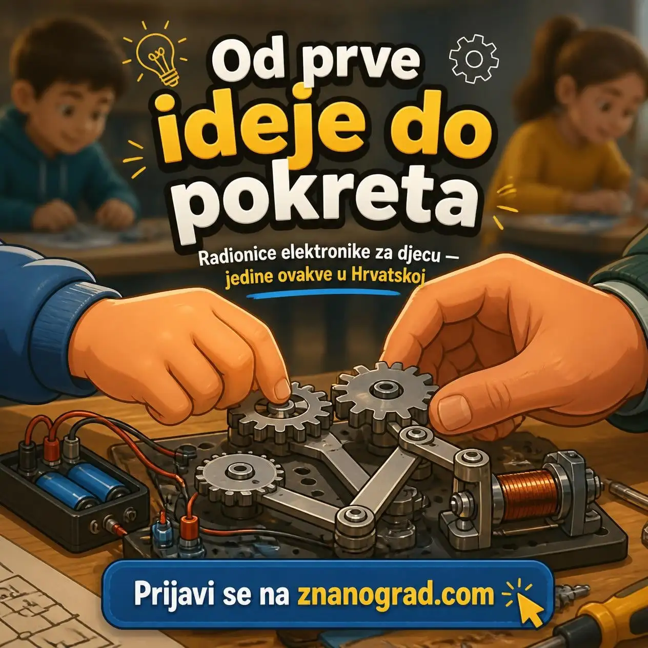 Djeca praktično sastavljaju mehaničke modele na radionici elektronike